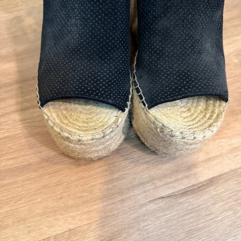 Marc Fisher MLANNIE Wedge Sandal Women 7.5 Black Leather Espadrille Platform